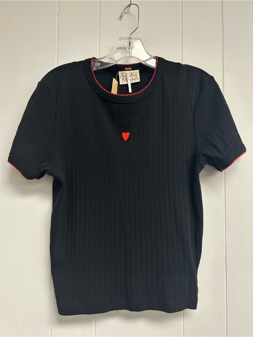 Free People Black Short-Sleeve Ribbed Tee with Red Heart